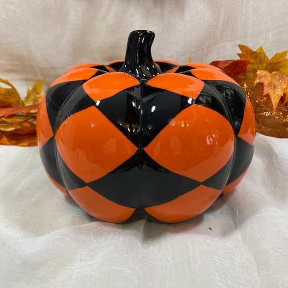 Mackenzie Style Black Orange Ceramic Harlequin Pumpkin Fall HalloweenDecor New